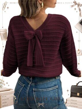 Womens Bow Knot Back Pullover Knit Sweater Round Neck Long Sleeve Fall